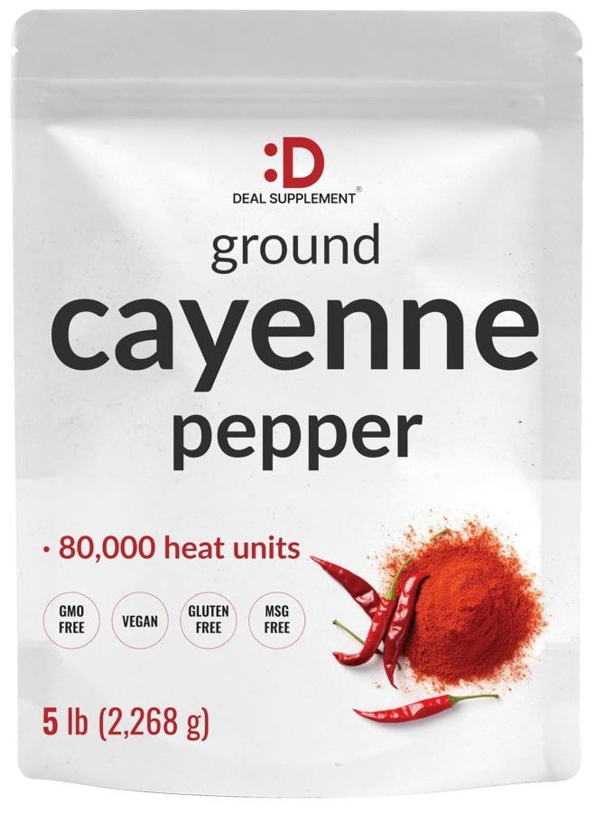 DEAL SUPPLEMENT Ground Cayenne Pepper Powder, 5 Pounds – Extra Hot 80,000 Heat Units – Raw Spicy Red Pepper Flavor – Great Home Cooking Spice – Deters Animals from Garden – Non-GMO, MSG Free - Image 1